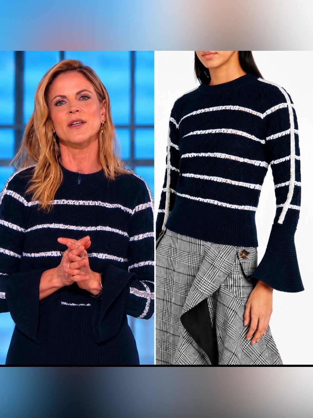 Self-Portrait Rhinestone Navy and White Striped Bell-Sleeve Sweater Size Small